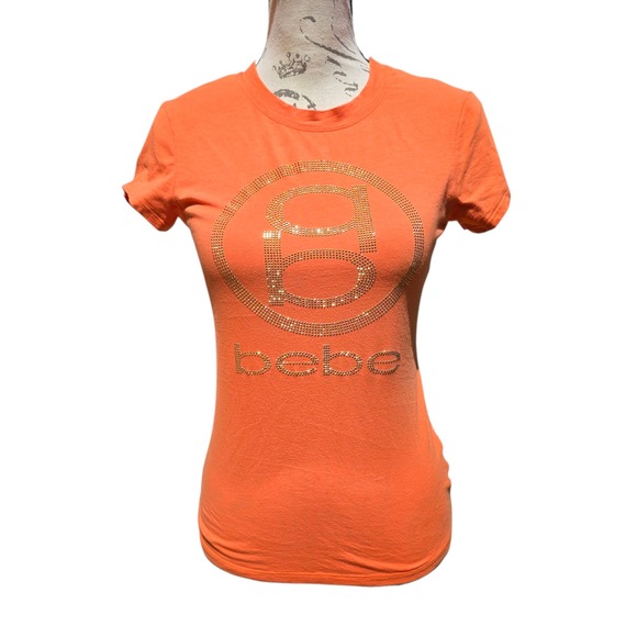 Bebe -1672 Rhinestone Logo Tee Y2K Glam Short Sleeve Top‎ Made in USA Medium - Picture 1 of 9